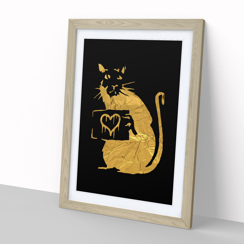 Banksy in Gold Rat with Heart - Framed Print, 65cm H x 48cm W x 2cm D, Black/Gold/Cream, Oak Framed