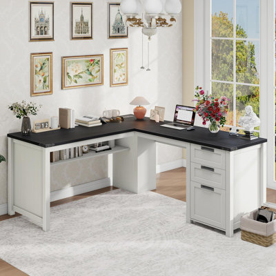 Bureau de direction en L Farmhouse avec tiroirs et tablette de rangement