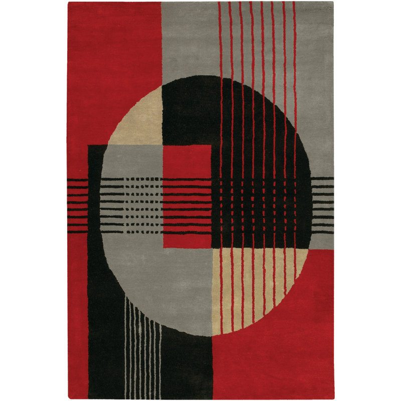 Tapis rouge / noir / gris en laine touffeté à la main Cheyenn, Rectangle 5 pi x 7 pi 6 po