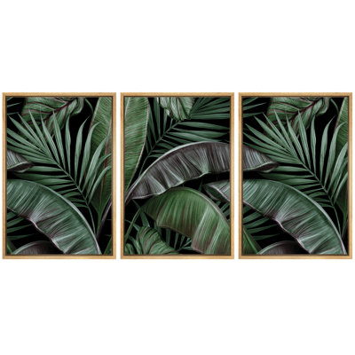 Palmier tropical et feuilles de bananier sur fond noir - reproduction d'art sur toile encadrée, 3 pièces
