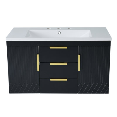 Meuble-lavabo mural 36 po avec lavabo en résine, armoire de rangement flottante avec 2 tiroirs, armoire de salle de bain en bois massif (identique à N710S236003B)