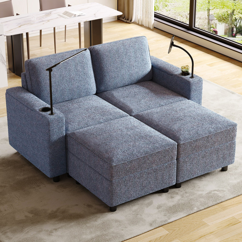 Canapé modulaire rembourré avec repose-pieds et rangement Jamerio, Mélange de polyester bleu marine