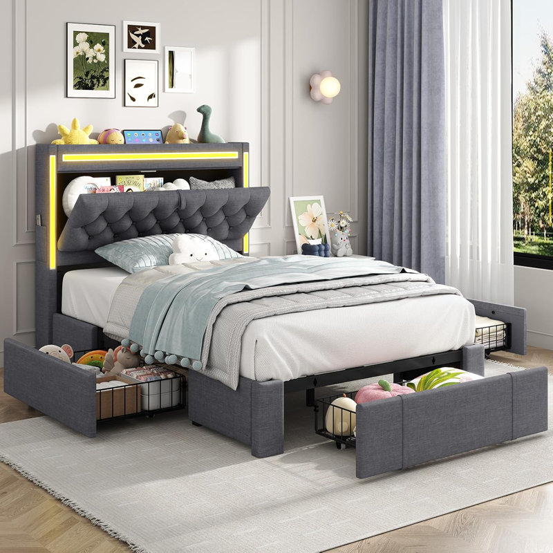Structure de lit avec 3 tiroirs de rangement XL, Lit simple, gris