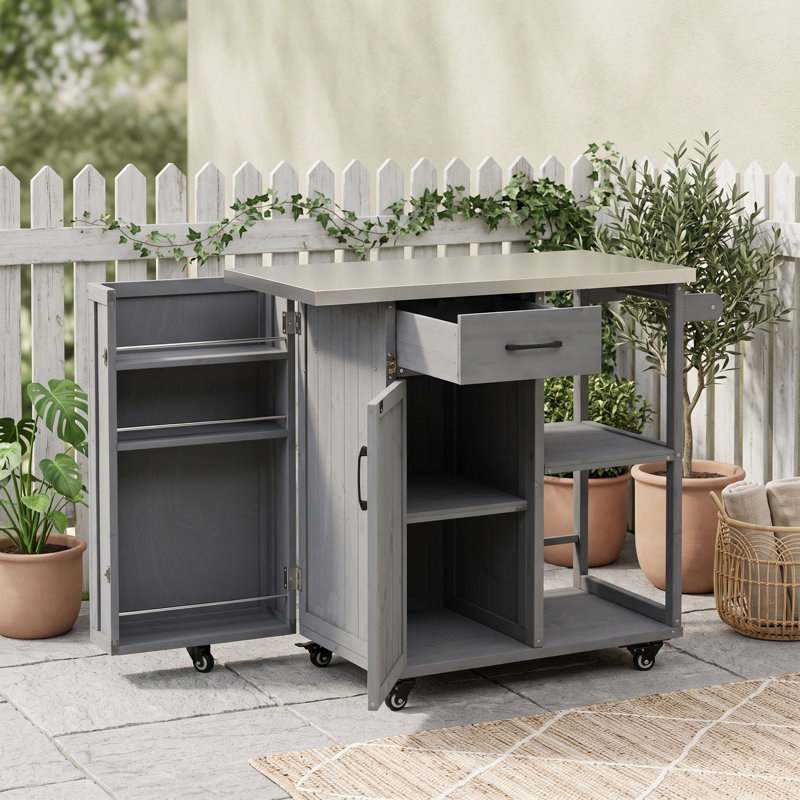 Chariot pour îlot de cuisine extérieur avec plan de travail et rangement en acier inoxydable, Gris