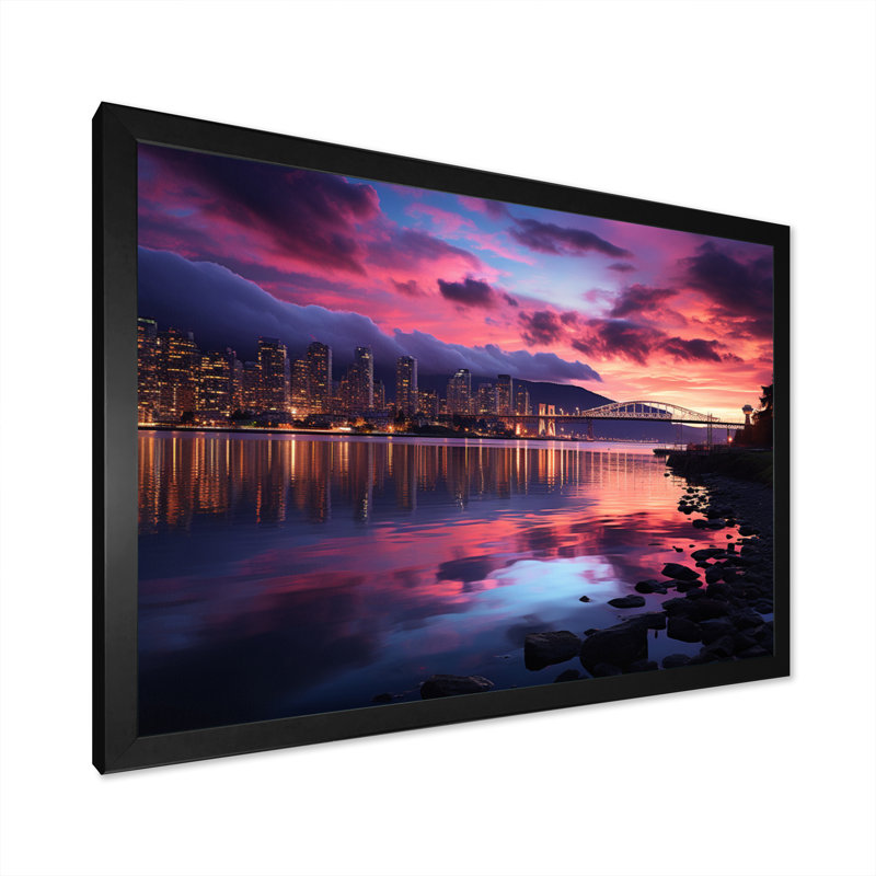 " Canada Vancouver Twilight ", 16" H x 32" W x 1" D, Black Picture Framed