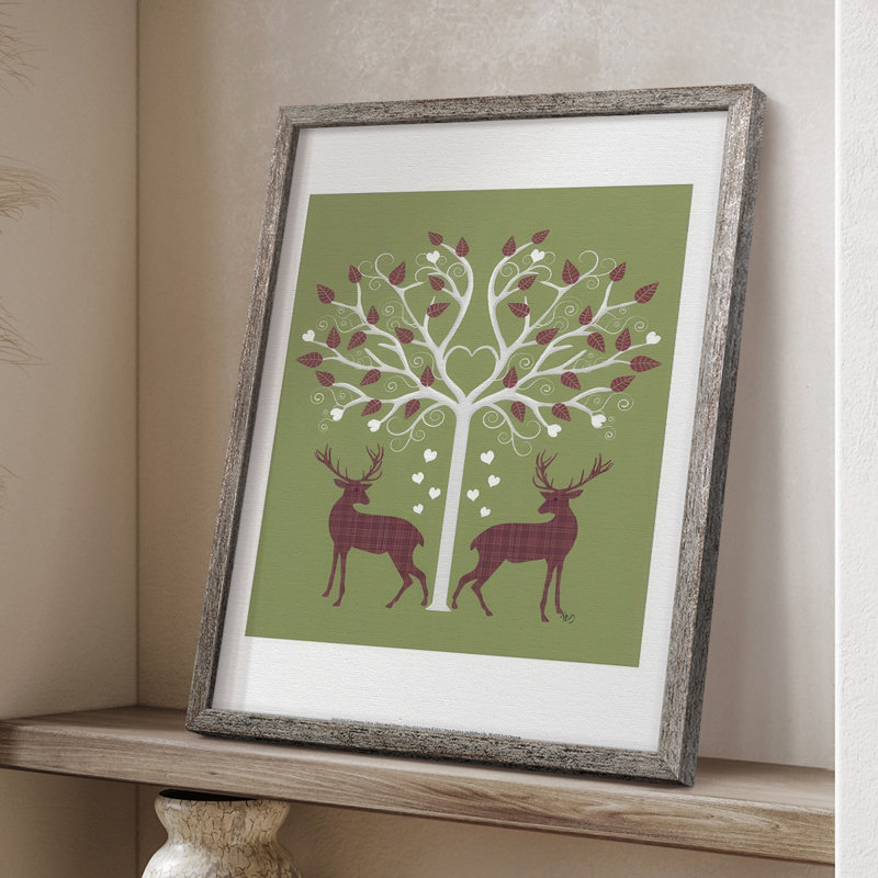 «Christmas Des Deer and Heart Tree», reproduction encadrée rose sur vert - bois massif, H 21 po x l 17 po