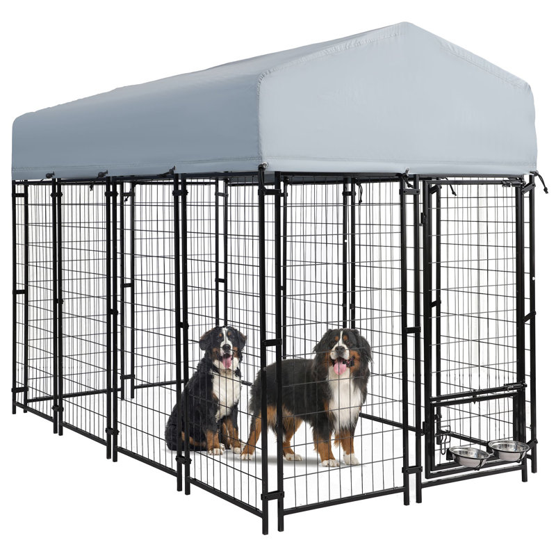 Chenil d'extérieur pour chien 8 po x 4 po x 6 pi avec toit, maisonnette robuste pour l'extérieur avec porte verrouillable et 2 bols rotatifs