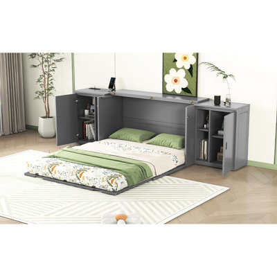 Grand lit gris avec tablette et rangement pour armoire, ports pour le divertissement dans les tablettes et les armoires fonctionnelles, utilisation prolongée