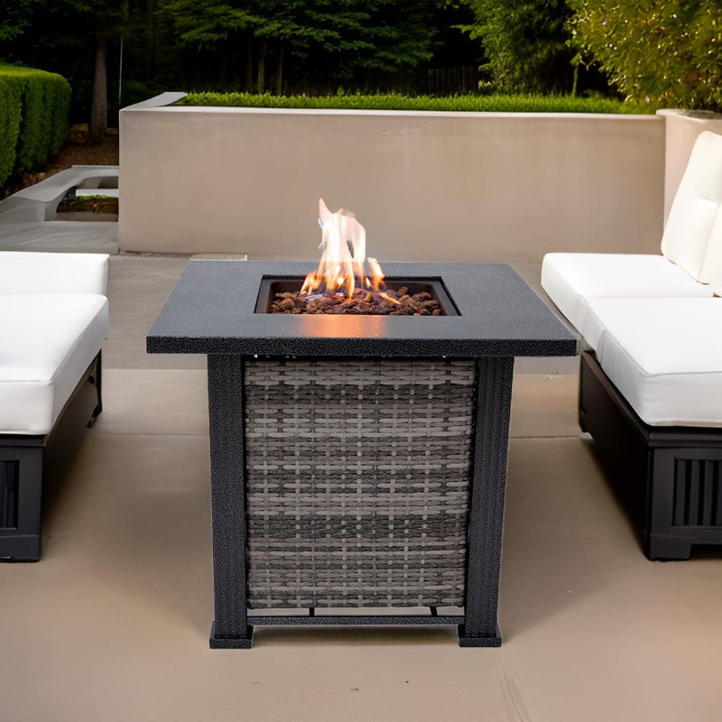 Madisongrace 24.4'' H x 28'' W Outdoor Propane Fire Pit Table 50,000 BTUs with Lava Rocks & Lid, Gray