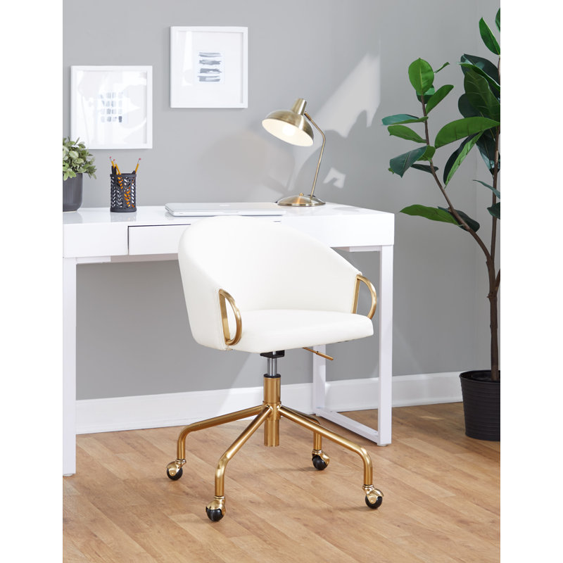Chaise de travail Audwine, Simili cuir, Doré, Blanc