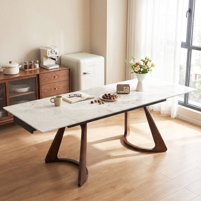 Tables de vestibule extensibles en pierre frittée de 63 à 94,5 po avec base en bois de noyer foncé (pour 4 à 10 personnes)
