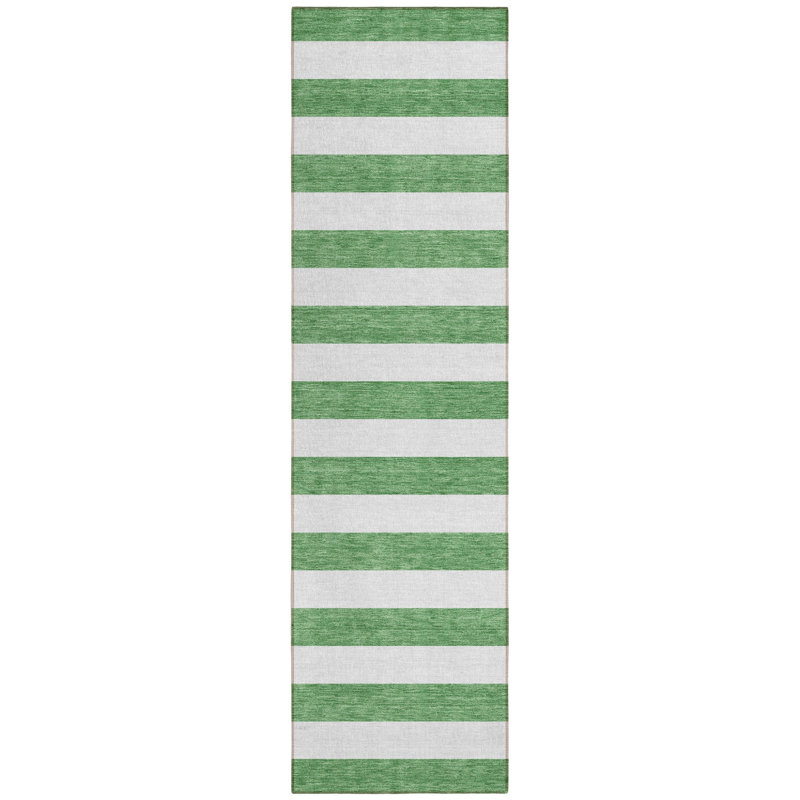 2' X 8' Green and White Striped Washable Indoor Outdoor Runner Rug
