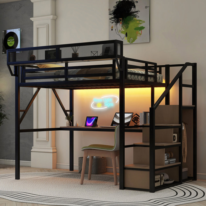 Lit mezzanine avec bureau et station de charge, lit mezzanine en métal avec escalier et lumière, Noir