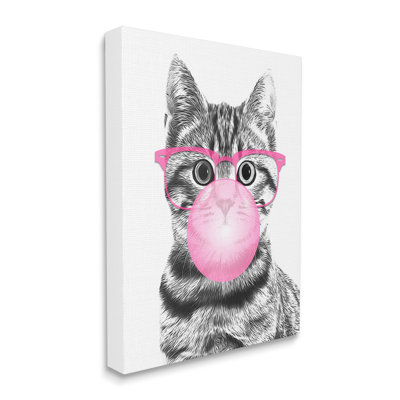 Adorable Cat Bubble Gum Pink Glasses Monochrome Illustration  XXL Stretched Canvas Wall Art by Annalisa Latella