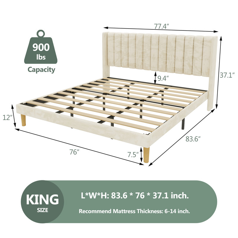 Lit plateforme tapissier à profil bas Sutter, Très grand, Beige