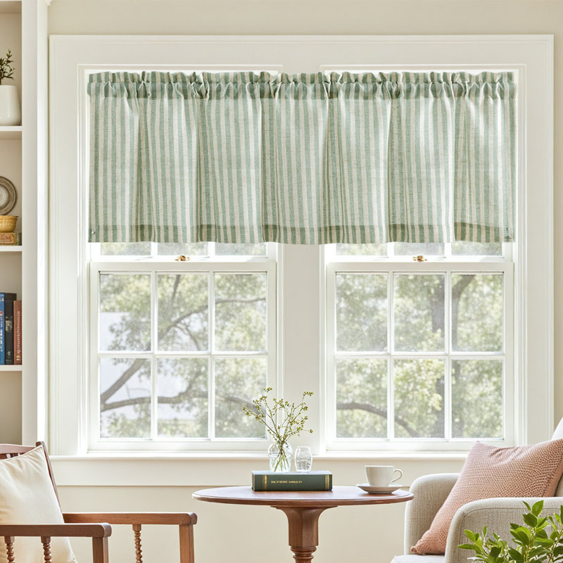 Cantonnière rayée en mélange de lin, Vert / Beige