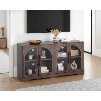 Console en noyer avec poignées en métal et tablettes réglables en verre trempé pour salon rustique