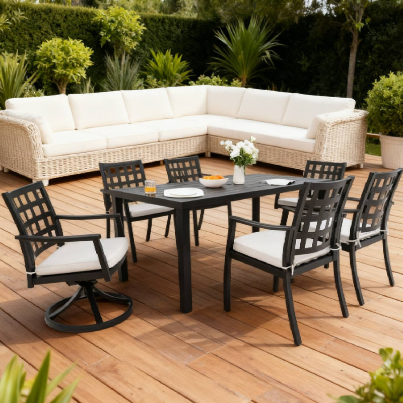 Ensemble de salle à manger d'extérieur moderne moderne de 7 pièces avec chaises berçantes pivotantes convenant aux fêtes de jardin et à la détente sur la terrasse