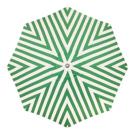 Overhead view of a green and white striped patio umbrella.