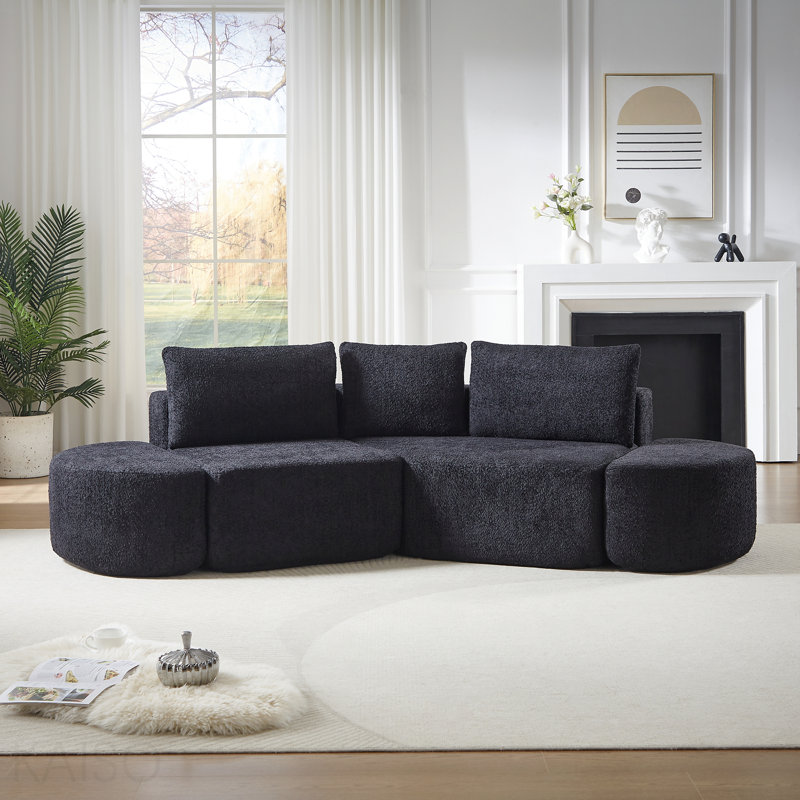 [Vidéo] Ensemble de canapé modulaire en forme de V de 106,3 pouces en tissu chenille, avec trois coussins décoratifs et deux repose-pieds courbés, parfaitement adapté pour les salons, les chambres et les bureaux. Noir