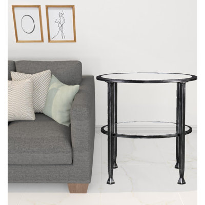 Jordyan 24" Glass And Distressed Iron Round End Table With Shelf