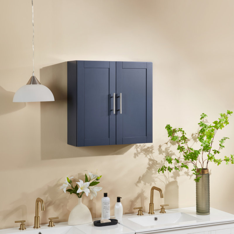 Armoire suspendue en bois avec portes et tablettes pour le rangement, Bleu