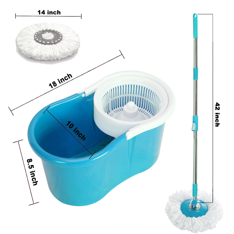 360° Rotating Head Easy Spin Dry Floor Mop Bucket + 2x Head Microfiber Head, Blue