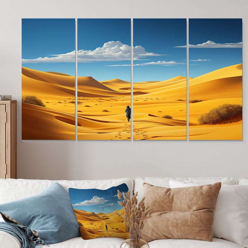 «Walking In The Yellow Azure Desert - Space Landscape», ensemble de 4 pièces d'art mural, H 32 po x l 64 po