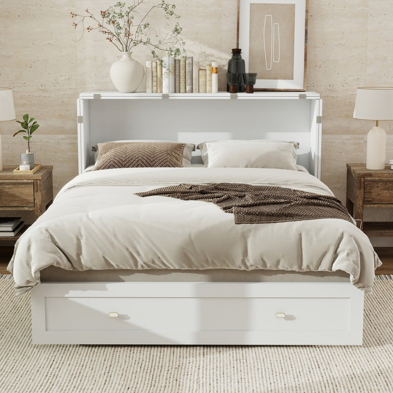 White Convertible Murphy Bed with Storage Cabinet & Drawers - Space-Saving Queen Size Murphy Bed for Small Spaces(Not Include Mattress)