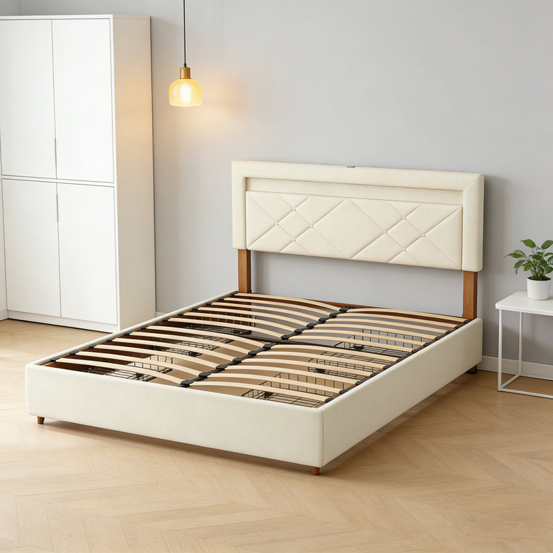 Très grand lit plateforme tapissier avec très grande tête de lit, lit plateforme de style simple rétro sans sommier, assemblage facile, ivoire