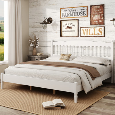 Countryside Style King Size Wooden Bed Frame with Spindle Headboard, Heavy-Duty Platform Bed with Slats Support, No Box Spring Required, Easy Assembly, White