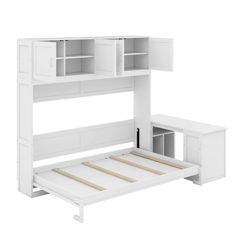 Grand lit escamotable avec bureau et tablettes, Blanc
