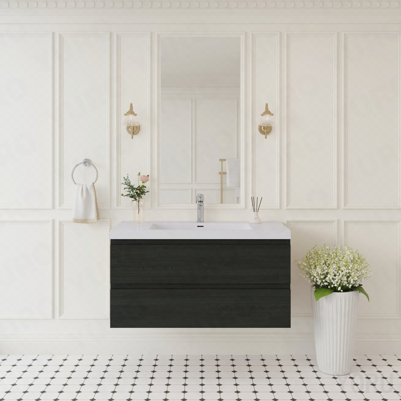 Meuble-lavabo mural 42 po avec lavabo, meuble de rangement mural avec lavabo à surface solide et tiroirs à fermeture en douceur entièrement assemblés, bois espresso
