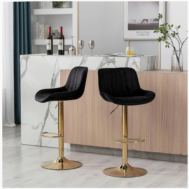 Repose-pieds et base chromés, ensemble de 2 chaises de bar en cuir de velours à hauteur réglable et pieds dorés, noir