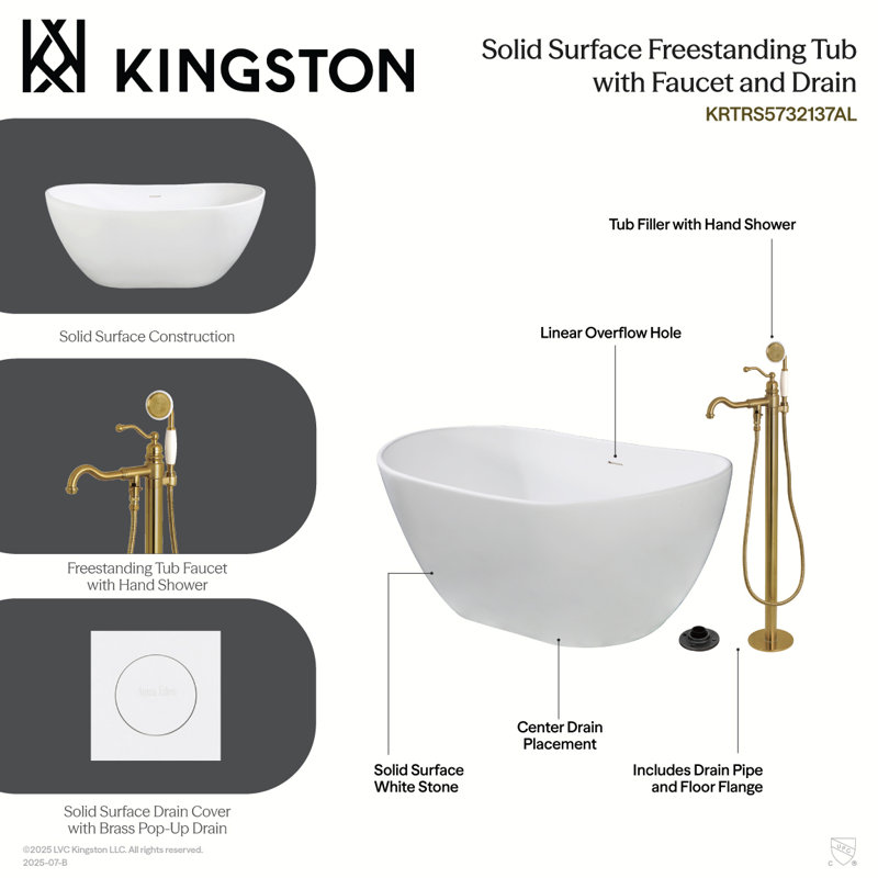 Kingston Brass Arcticstone 57-Inch Solid Surface Oval Double Slipper Freestanding Tub With Faucet Combo And Drain