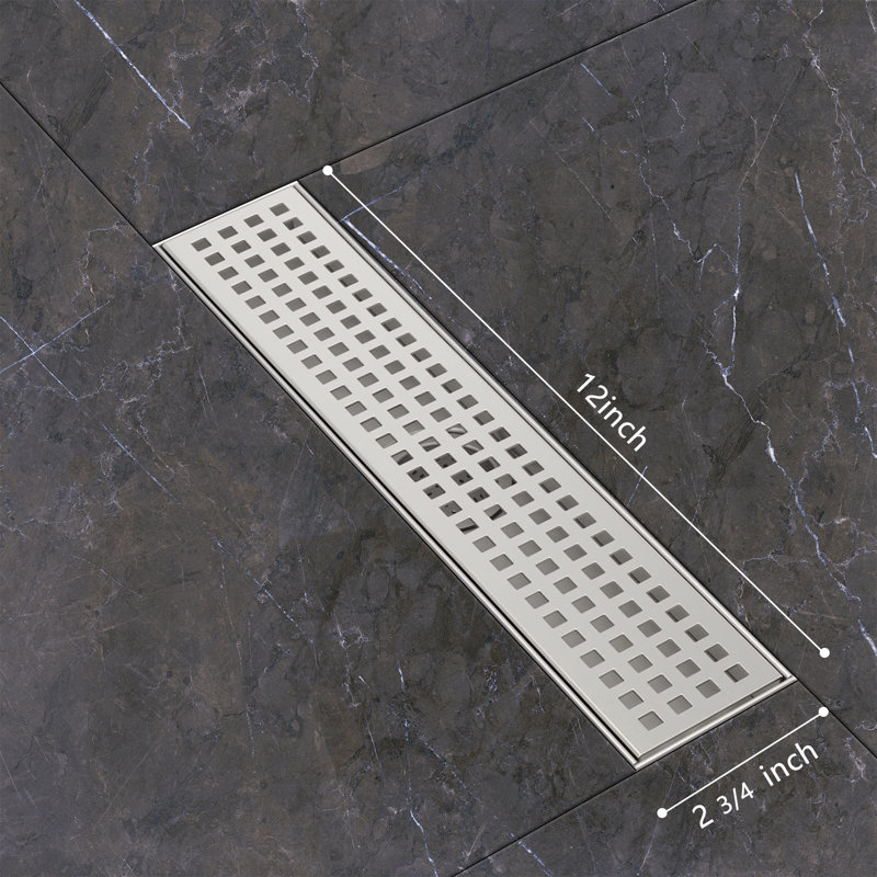 Long Rectangular Linear Shower Drain With Square Pattern Drain Cover And Hair Catcher,stainless Steel,brushed Nickel