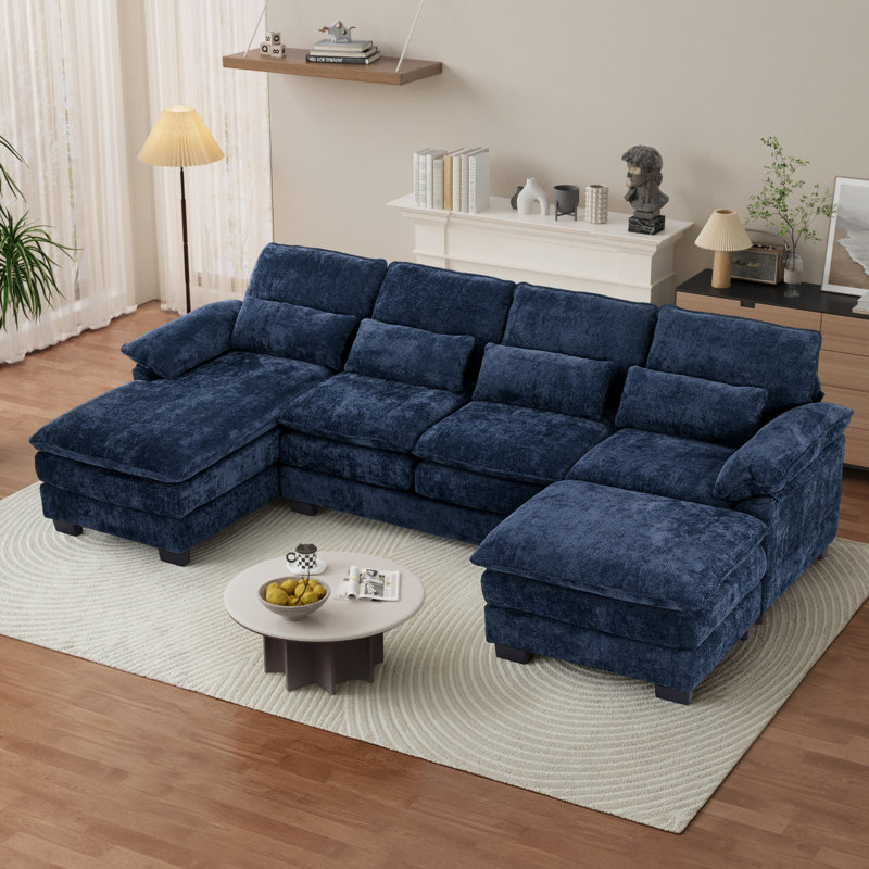 113''W Modern U Shape Sectional Couch Oversized Wide Armrest Sectional Sofa, Dark Blue Chenille