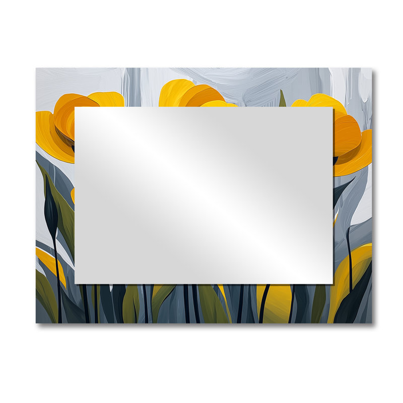 Champ de coquelicots jaunes et gris dans la brise I - miroir floral pour décoration murale - imprimé sur métal, 30 po x 40 po