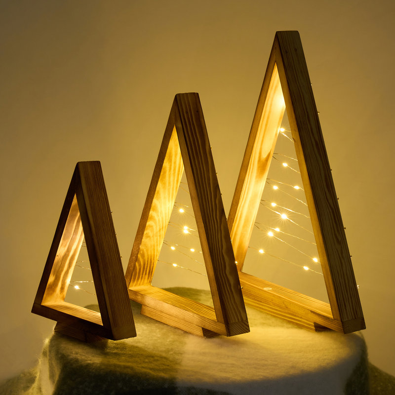 3 arbres de Noël de table en bois avec minuterie lumière chaude