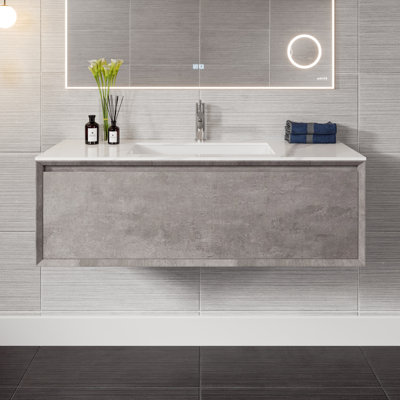 Aurora 48 po Meuble-lavabo mural simple en béton gris avec comptoir en quartz de Carrare et lavabo en porcelaine encastré