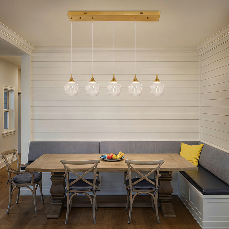 Luminaire suspendu pour îlot de cuisine 5 lumières DEL à intensité variable avec abat-jour en verre transparent