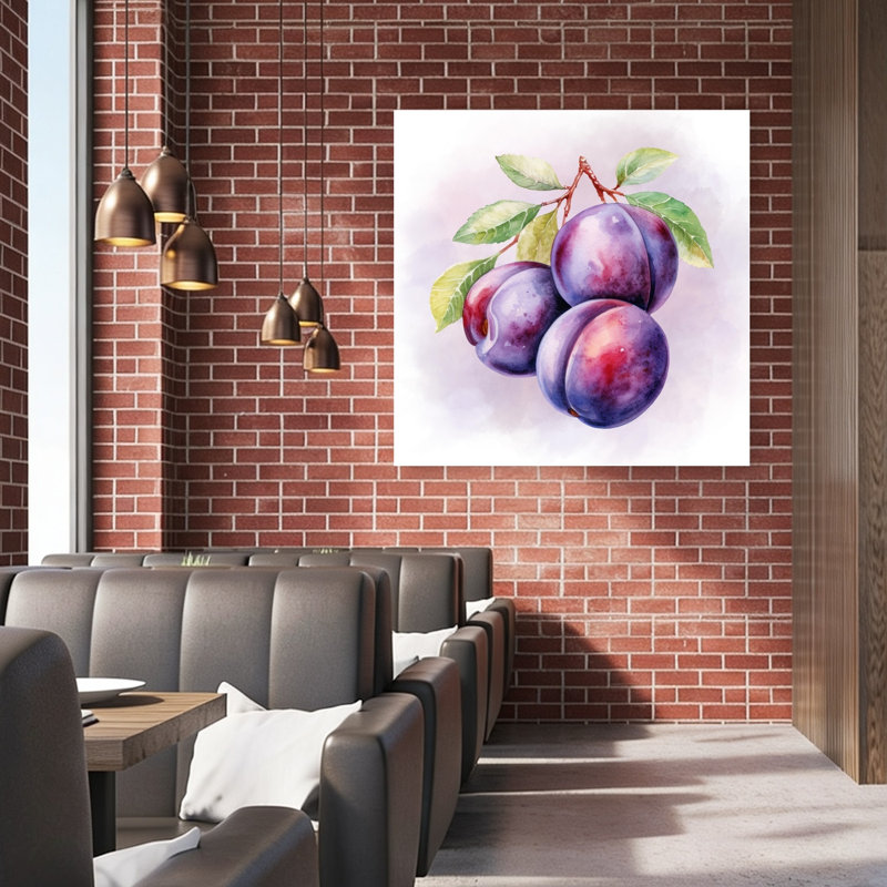 «Fresh Watercolor Plums Vibrant Abstract Fruit Summer», reproduction d'art murale, 48" H x 48" W