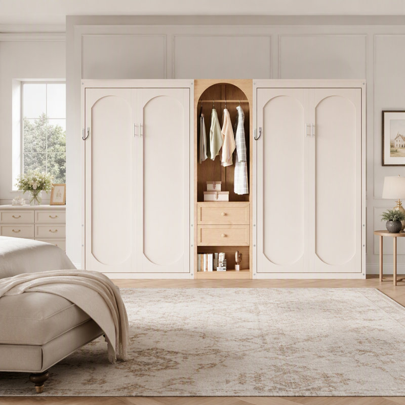 Lit escamotable double gain de place avec armoire intégrée et tiroirs de rangement, fini bois pour chambres d'amis
