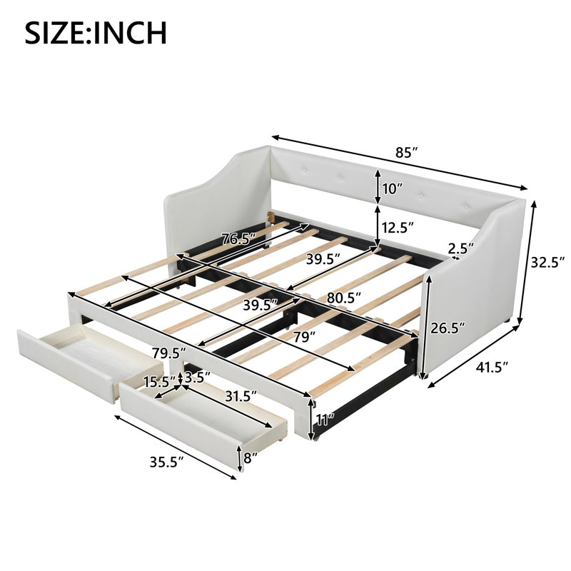 Lit de jour ajustable rembourré avec 2 tiroirs de rangement - Mobilier de chambre à coucher peu encombrant, Beige