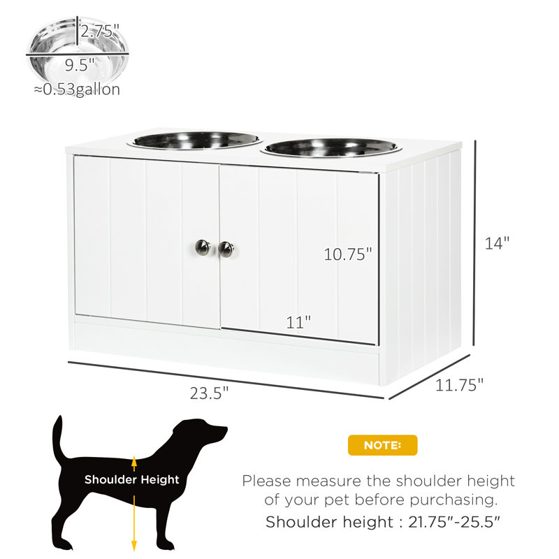 Elevated Pet Bowl Cabinet With Storage - 67.6 Oz Capacity, 22.5" L X 11" W H, White Food 11.61" 14" 44L Space, Stand