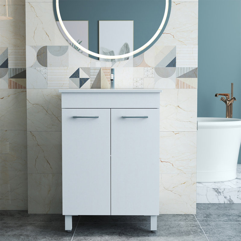 Meuble-lavabo de 24 po avec lavabo, portes doubles avec charnières à fermeture en douceur, armoire de salle de bain avec tablette ajustable, poignée en métal, lavabo en céramique, pieds argent réglables