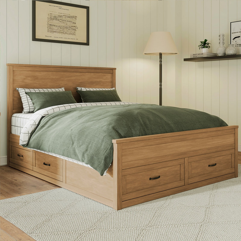 Structure de lit moderne avec 6 tiroirs, lit plateforme avec support à lattes en bois, pas de sommier tapissier requis