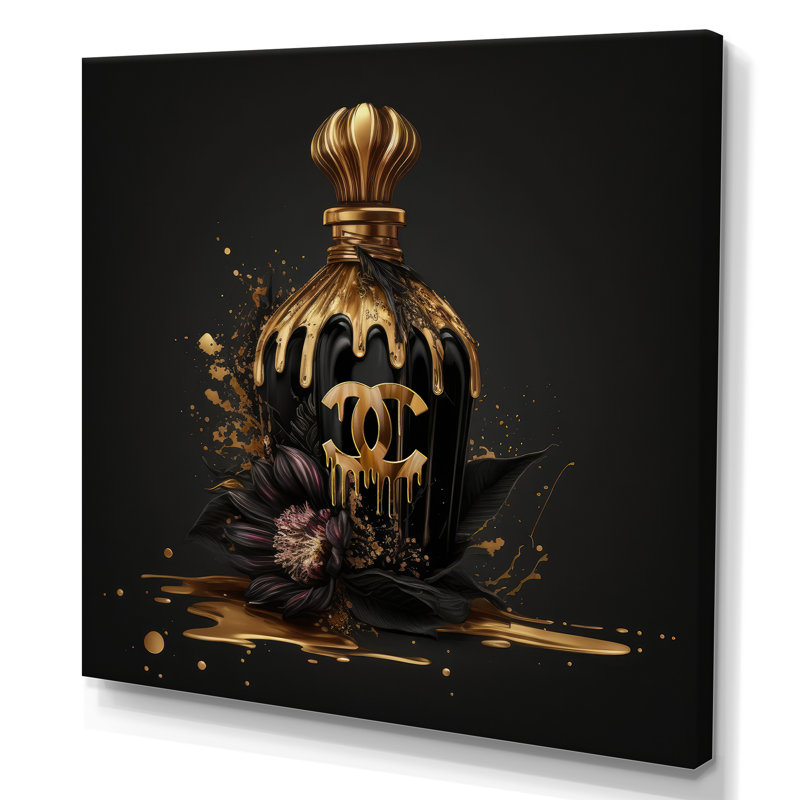 «Chic Black and Gold Perfume Bottle VIII», reproduction sur toile tendance, H 36 po x l 36 po x P 1,5 po, Toile tendue
