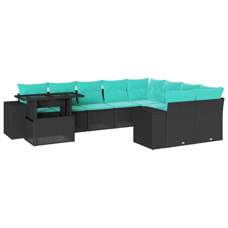 Ensemble de canapé de patio 10 pièces avec coussins en rotin de polyester, Bleu clair, Noir