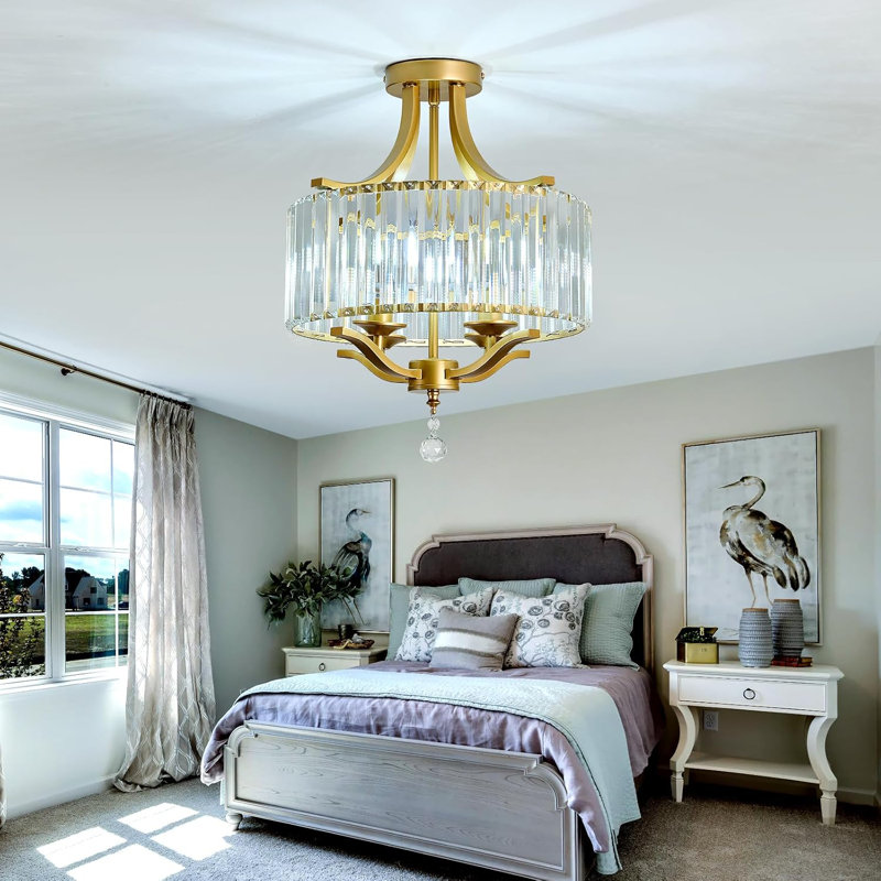 Modern Crystal Chandelier With Chrome Finish - 4-Light Semi Flush Mount Ceiling Fixture For Farmhouse, Bedroom, Dining Room, Entryway, Hallway, And Kitchen